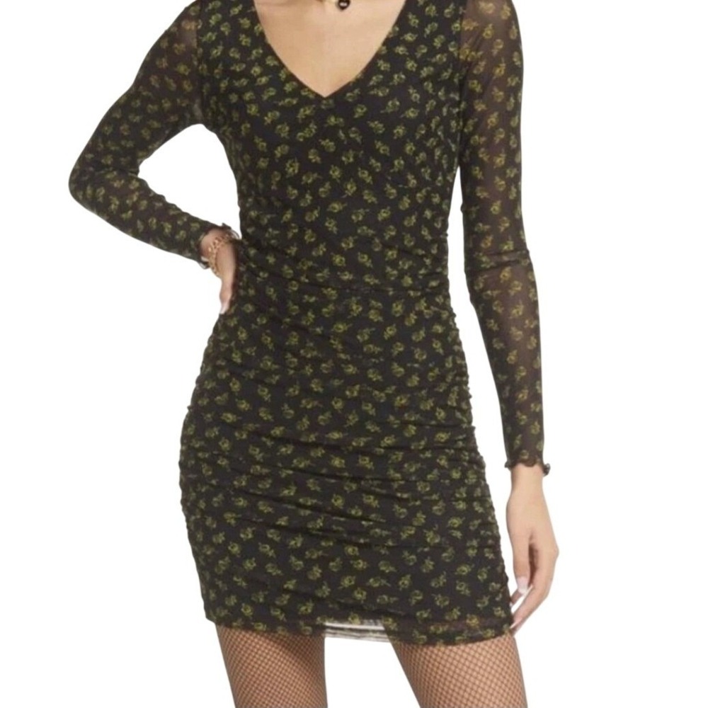 Nordstorm BP.Black Rose Floral Mesh Ruched Goth Whimsigoth Bodycon Mini Dress XS